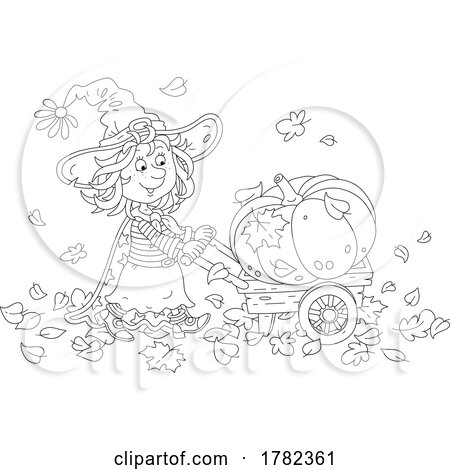 Cartoon Witch Girl Moving a Giant Pumpkin in a Wheelbarrow by Alex Bannykh