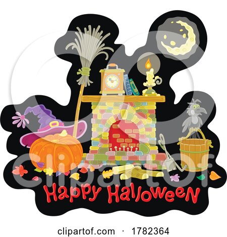Cartoon Happy Halloween Greeting with a Fireplace by Alex Bannykh