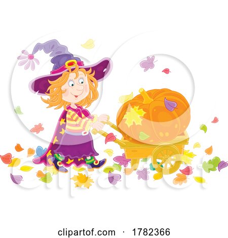 Cartoon Witch Girl Moving a Giant Pumpkin in a Wheelbarrow by Alex Bannykh