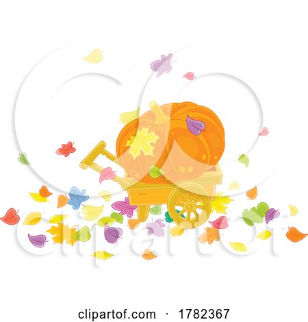 Cartoon Giant Pumpkin on a Wheelbarrow with Falling Leaves by Alex Bannykh