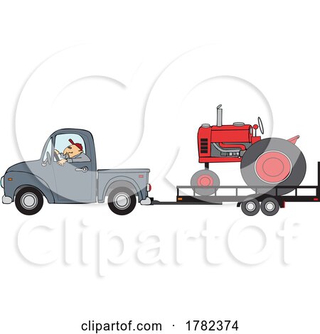 Cartoon Farmer Hauling a Red Tractor on a Trailer Posters, Art Prints