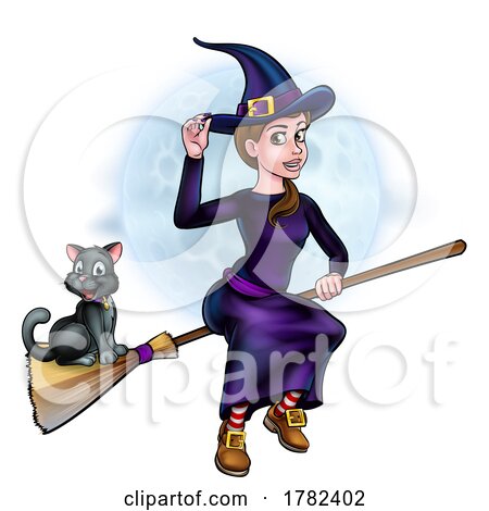 Witch Halloween Flying Cartoon Character and Moon by AtStockIllustration