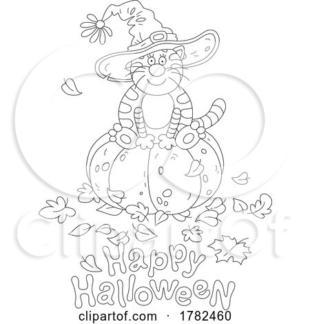 Witch Cat Sitting on a Pumpkin over a Happy Halloween Greeting by Alex Bannykh