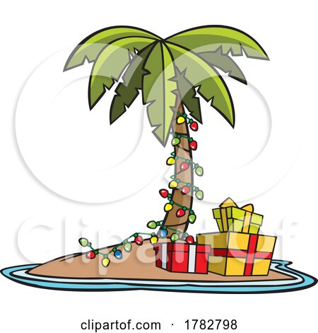 Cartoon Christmas Island with a Palm Tree and Gifts by toonaday