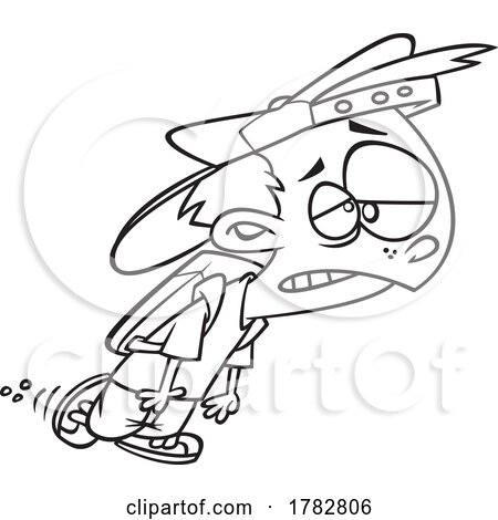 Cartoon Black and White Unexcited or Tired School Boy by toonaday