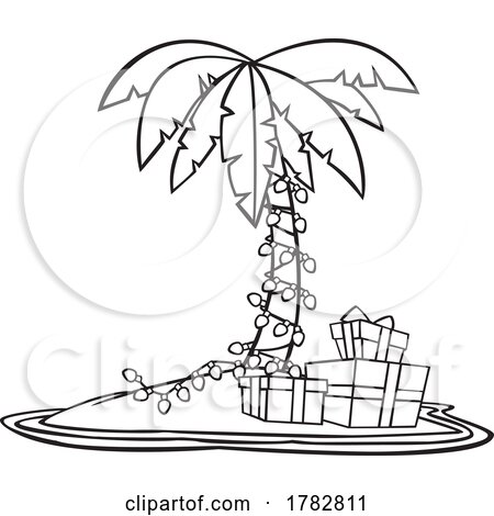 Cartoon Black and White Christmas Island with a Palm Tree and Gifts by toonaday