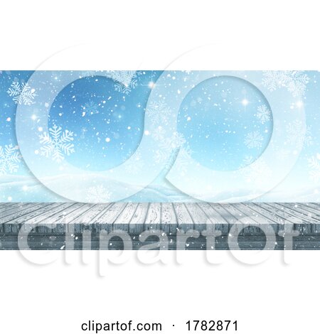 3D Christmas Background with Wooden Tables with Snowy Landscape by KJ Pargeter
