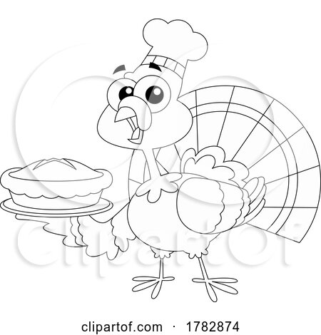 Cartoon Black and White Thanksgiving Turkey Bird Chef Holding a Pie by Hit Toon