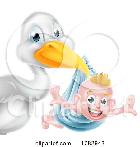 Cartoon Stork Delivering Baby by AtStockIllustration