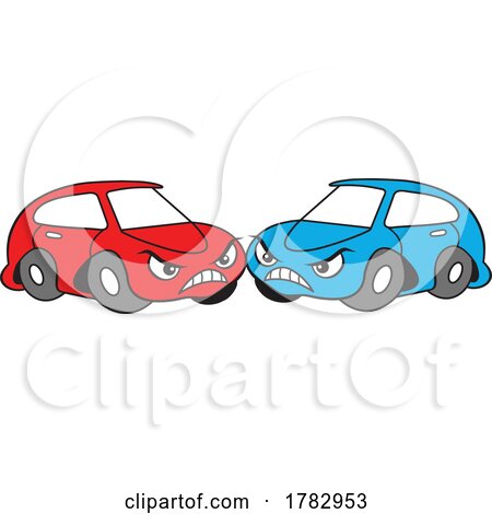 Cartoon Angry Red and Blue Autu Car Mascot Characters with Road Rage by Johnny Sajem