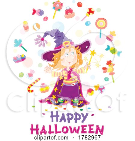 Witch Girl Making Candy with Magic over Happy Halloween Text by Alex Bannykh