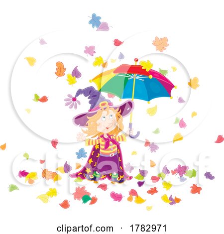 Halloween Witch Girl Holding an Umbrella in Falling Autumn Leaves by Alex Bannykh