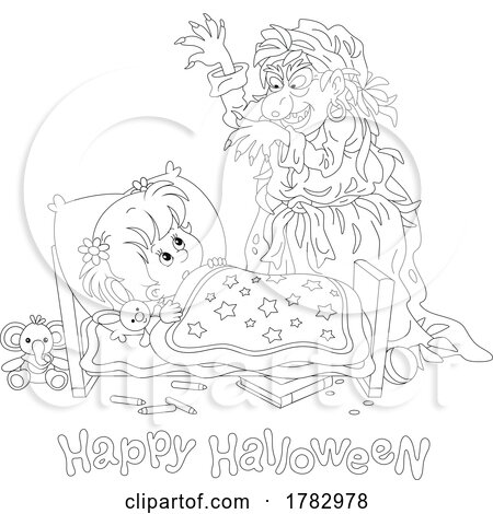 Scared Girl in Bed with a Scary Witch over Happy Halloween Text by Alex Bannykh