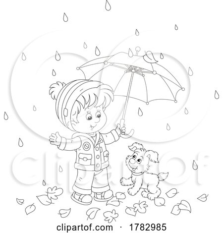 Boy and Dog with an Umbrella on a Rainy Autumn Day by Alex Bannykh