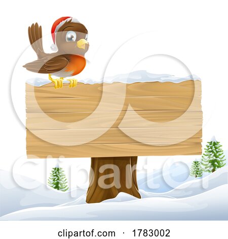 Robin Bird Santa Hat Christmas Cartoon Wooden Sign by AtStockIllustration