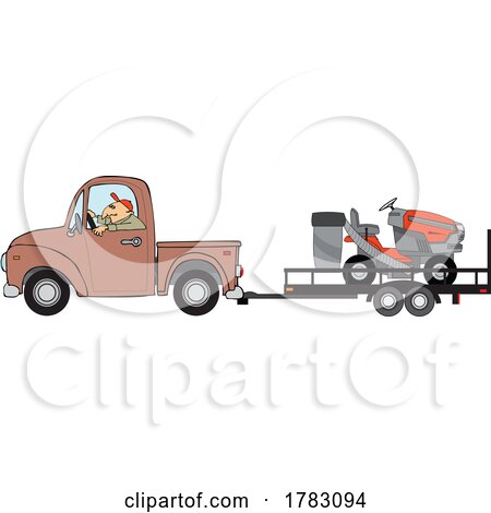 Cartoon Man Hauling a Riding Lawn Mower on a Trailer by djart