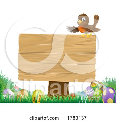 Easter Eggs Robin Bird Cartoon Wooden Sign by AtStockIllustration