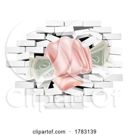 Money Fist Hand Holding Cash Punching Through Wall by AtStockIllustration