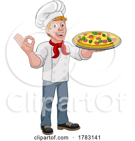 Chef Cook Man Cartoon Holding a Pizza by AtStockIllustration