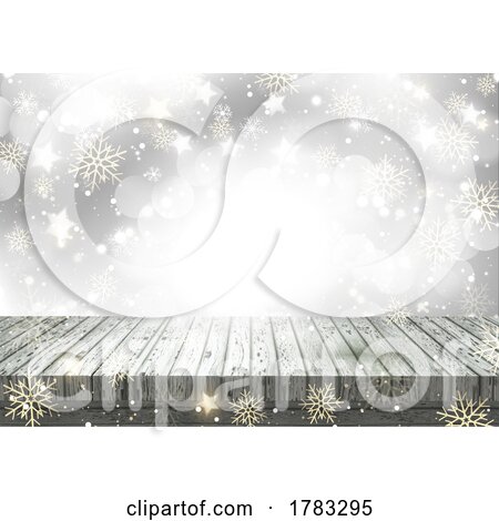 Christmas Background with Wooden Table Against Snowflake Design by KJ Pargeter