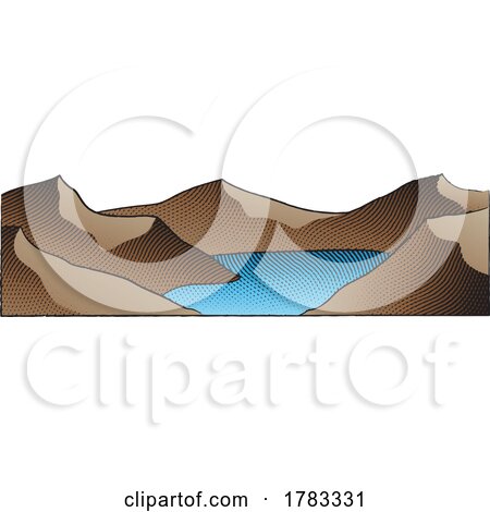Scratchboard Engraved Illustration of Mountain Lake with Colorful Fill by cidepix