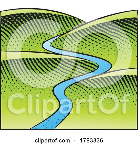 Scratchboard Engraving of Hills and River with Colorful Fill by cidepix