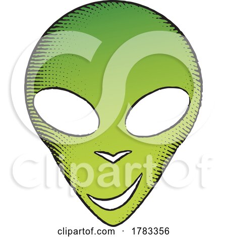 Scratchboard Engraved Icon of Alien Face with Green Fill by cidepix