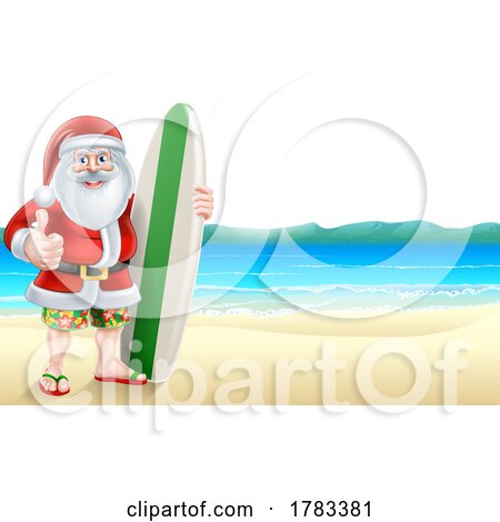 Surfer Cartoon Santa Christmas Character on Beach by AtStockIllustration