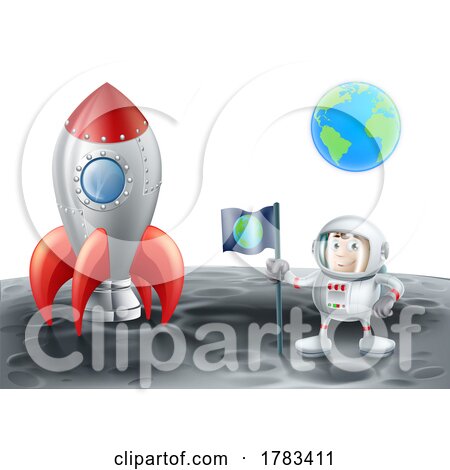 Cartoon Space Rocket Spaceship Moon and Astronaut by AtStockIllustration