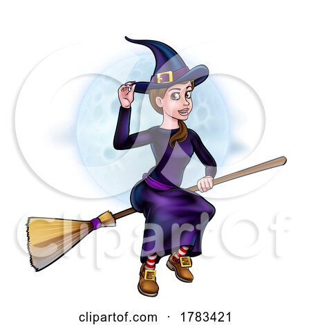 Witch Halloween Cartoon Character on Broom Stick by AtStockIllustration