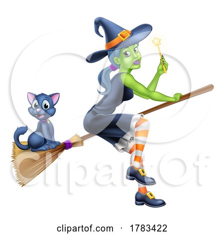 Witch Halloween Cartoon Character on Broom Stick by AtStockIllustration