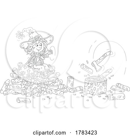 Black and White Cartoon Witch Girl Using Magic to Split Firewood by Alex Bannykh