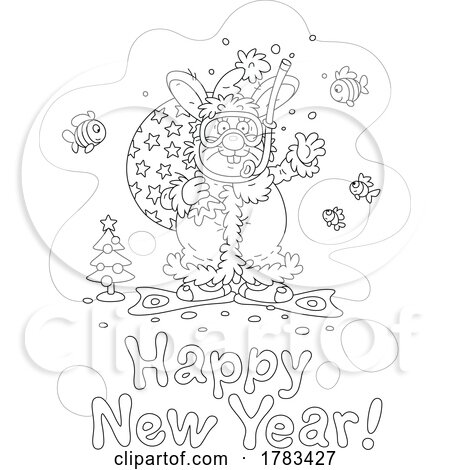 Black and White Cartoon Snorkel Santa Rabbit with Happy New Year Text by Alex Bannykh