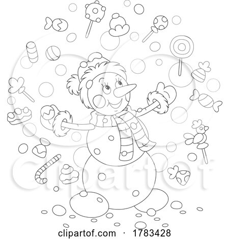 Black and White Cartoon Happy Snowman with Toys and Treats by Alex Bannykh