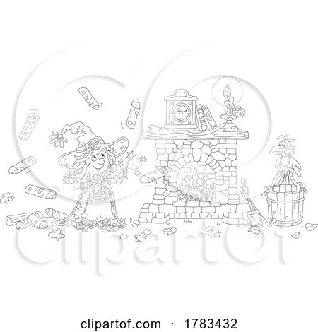 Black and White Cartoon Witch Girl Using Magic to Move Firewood to a Hearth by Alex Bannykh