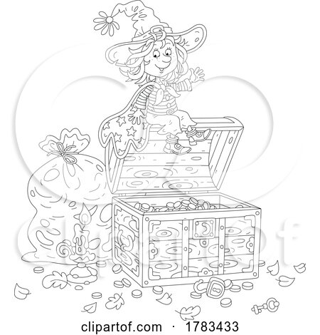 Black and White Cartoon Witch Girl on a Treasure Chest by Alex Bannykh