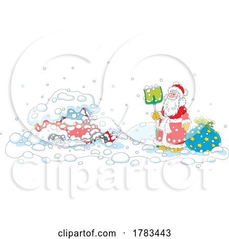 Cartoon Santa Holding a Snow Shovel near a Car by Alex Bannykh