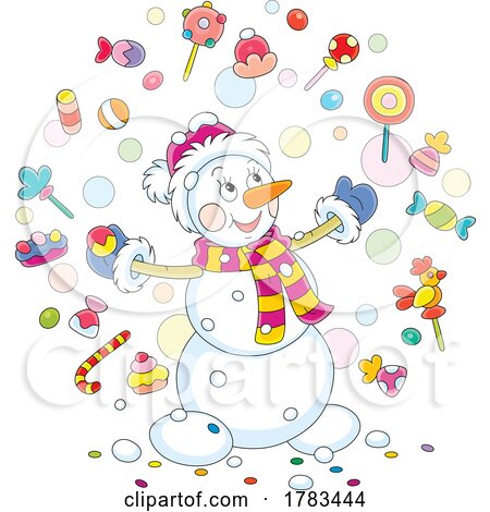Cartoon Happy Snowman with Toys and Treats by Alex Bannykh