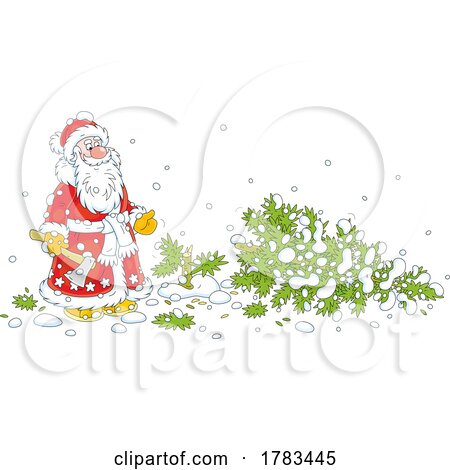 Cartoon Santa Self Cutting a Christmas Tree with an Axe by Alex Bannykh
