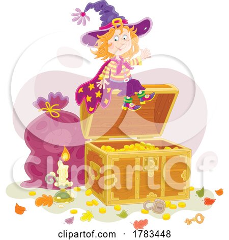 Cartoon Witch Girl on a Treasure Chest by Alex Bannykh