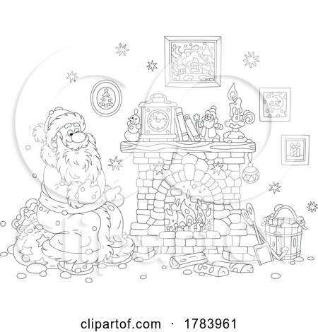 Cartoon Black and White Santa Warming up by a Fireplace by Alex Bannykh