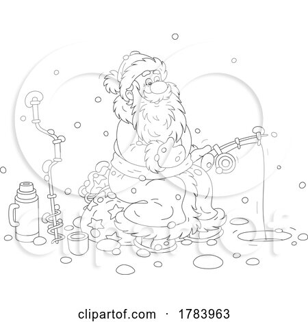 Cartoon Black and White Santa Ice Fishing by Alex Bannykh