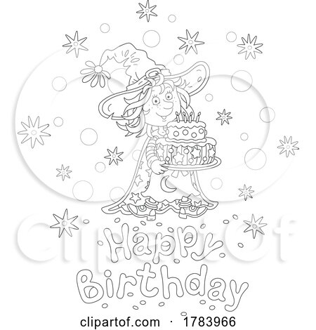 Cartoon Black and White Witch Girl with a Happy Birthday Greeting by Alex Bannykh