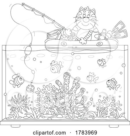 Cartoon Black and White Cat in a Raft and Fishing in an Aquarium by Alex Bannykh