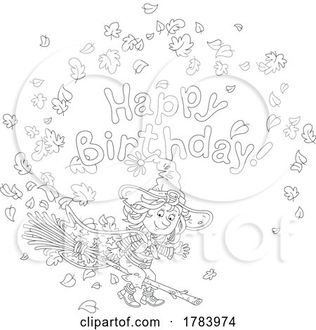 Cartoon Black and White Witch Girl with a Happy Birthday Greeting by Alex Bannykh