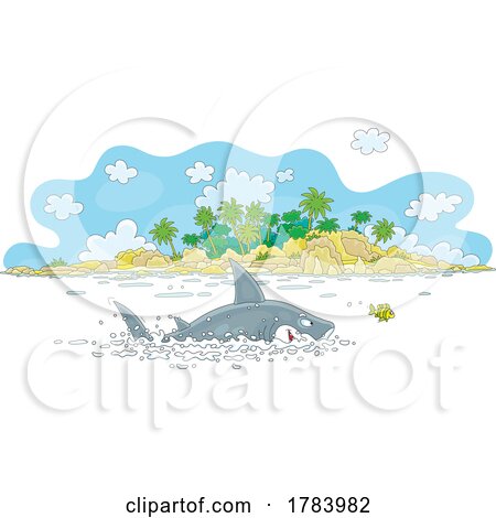 Cartoon Shark Chasing a Fish near an Island by Alex Bannykh