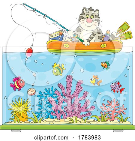Cartoon Cat in a Raft and Fishing in an Aquarium by Alex Bannykh