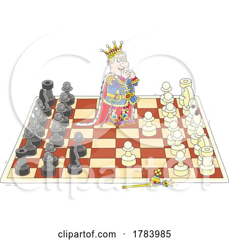 Cartoon King Contemplating His Next Move on a Chess Board by Alex Bannykh