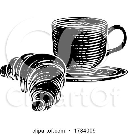 Coffee Tea Cup Mug and Croissant Woodcut by AtStockIllustration