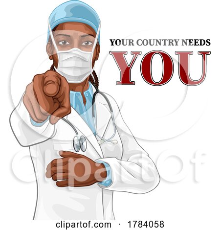 Black Woman Medical Doctor Pointing in Mask by AtStockIllustration